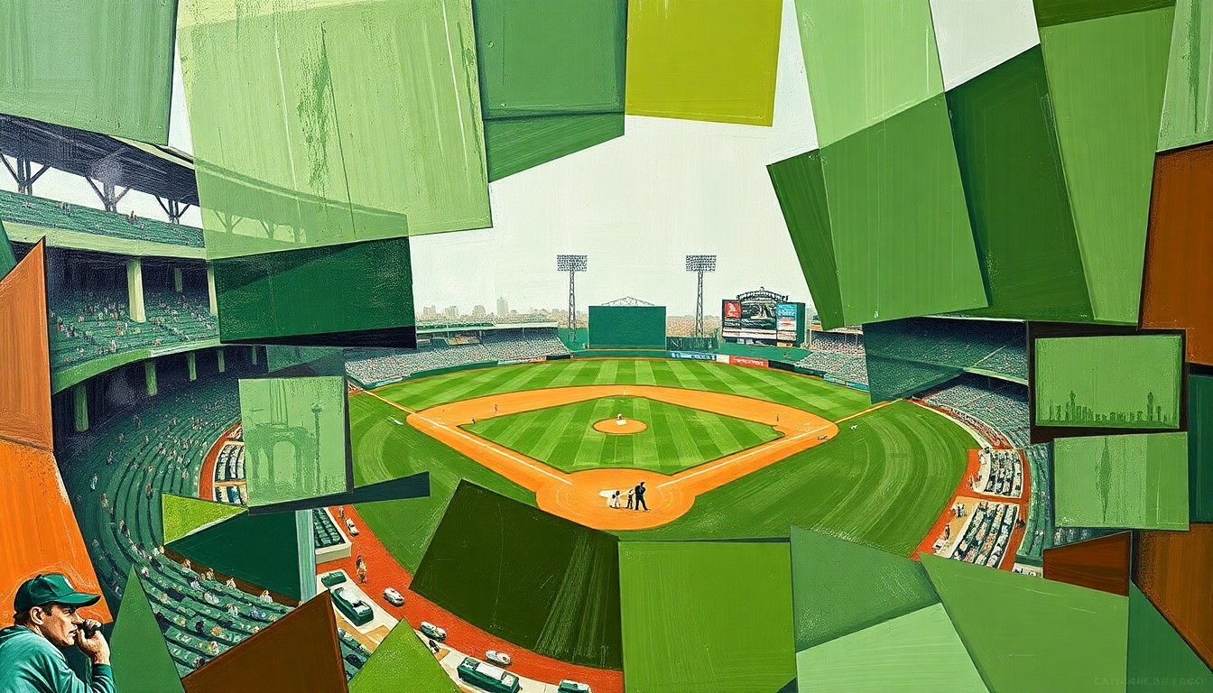 A cubist-style painting featuring overlapping geometric shapes and planes in shades of green, brown, and white, representing the fragmented action and missed opportunities of a baseball game.