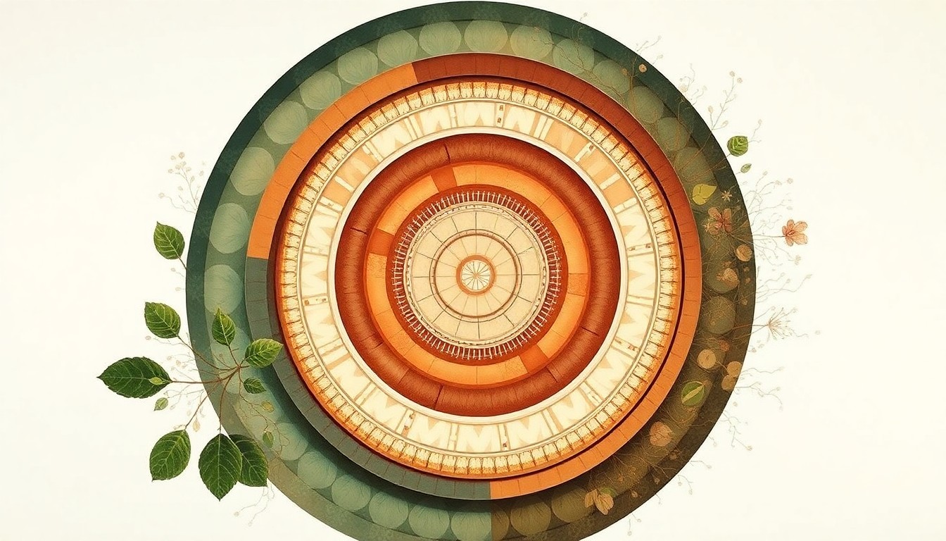 A bold, abstract painting featuring sweeping geometric shapes and botanical spirals in earthy tones, representing the complex biological forces that allow plants to adapt and make critical decisions.