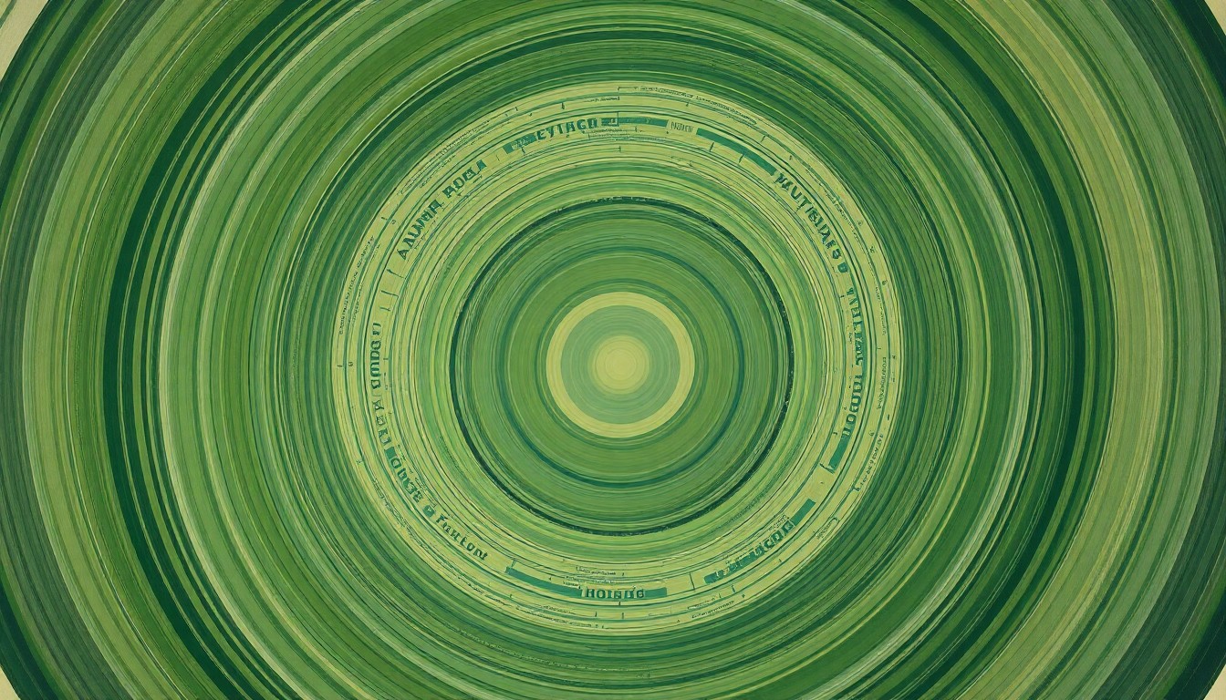 A bold, highly structured abstract painting featuring sweeping geometric arcs, concentric circles, and precise botanical spirals in earthy tones of green, blue, and brown, conceptually representing the delicate balance of natural ecosystems affected by human activities like agriculture.