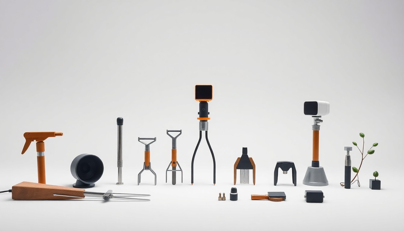 A high-end, photorealistic studio still-life photograph featuring a collection of precision farming tools and sensors arranged elegantly on a clean, monochromatic seamless background, conceptually representing the data-driven practices enabling sustainable agricultural growth.