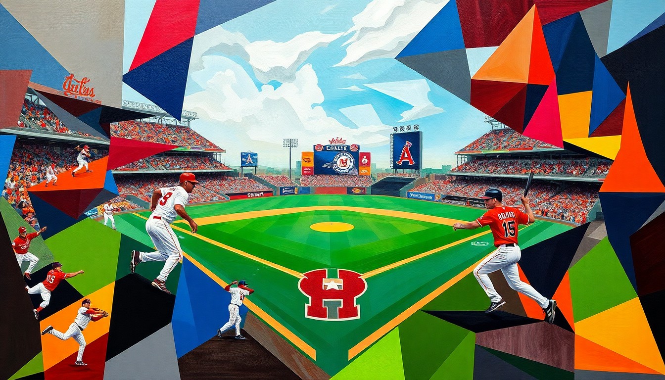 A cubist, geometric painting depicting a baseball game between the St. Louis Cardinals and Houston Astros, with the players' movements and the field of play broken down into sharp, overlapping shapes and planes in the teams' official colors.