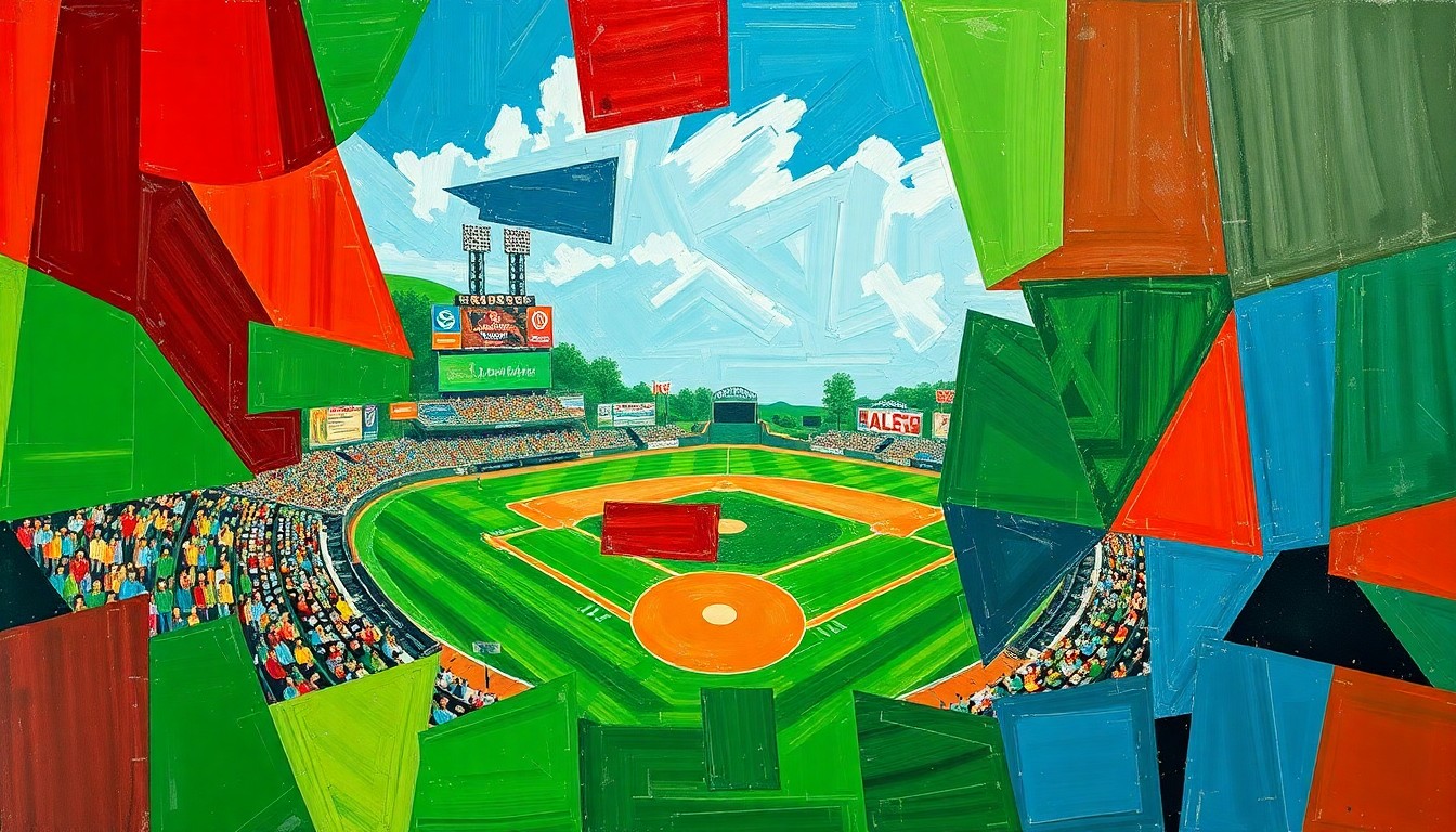 A cubist, geometric painting depicting a baseball game broken down into overlapping planes of color, capturing the dynamic energy of the sport.
