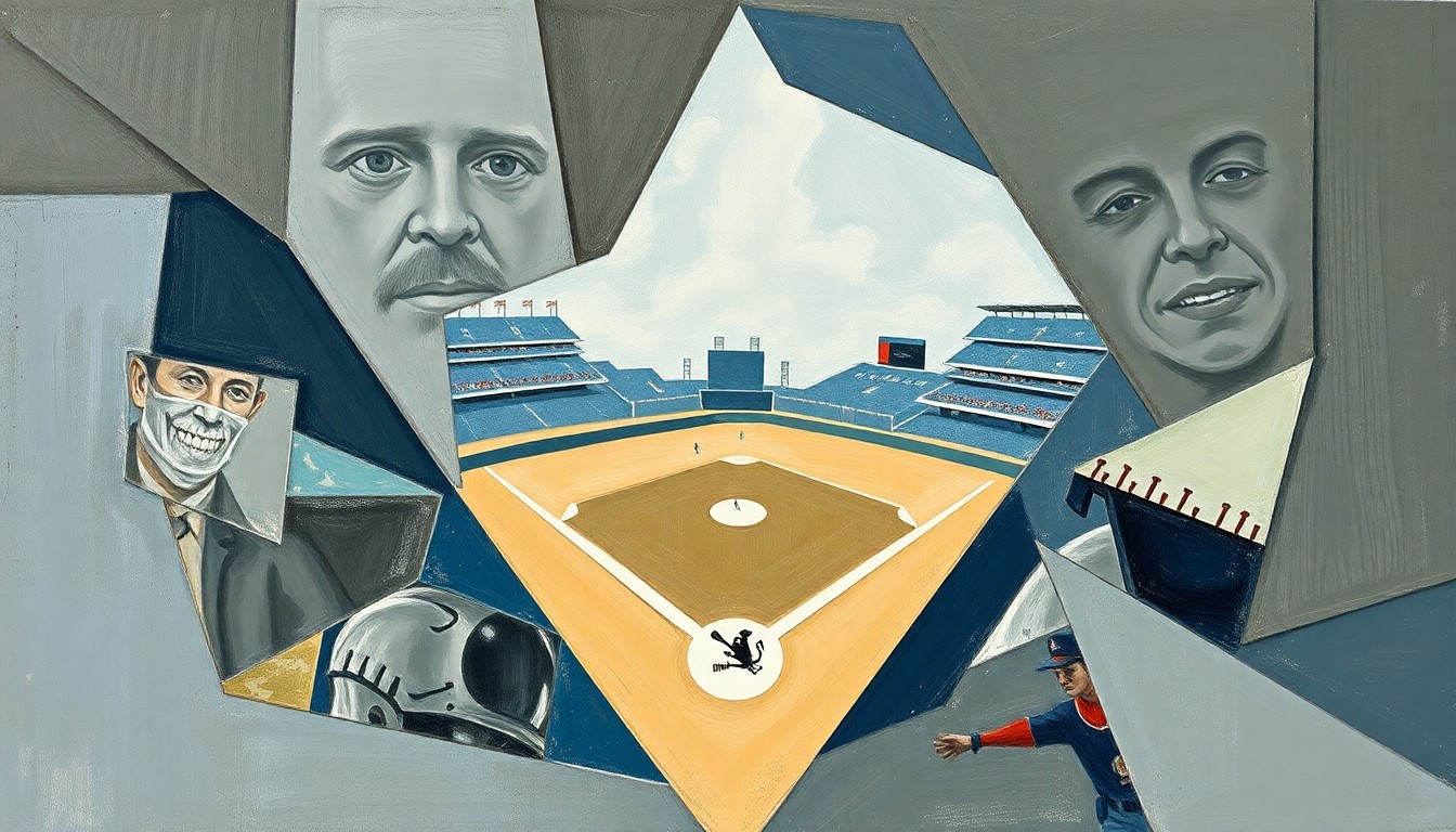 A cubist, geometric painting depicting a fragmented baseball game, with overlapping planes of muted blue, grey, and brown tones representing the Mets' disjointed play during their losing streak.