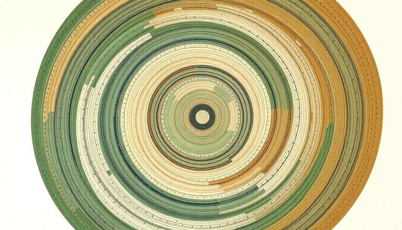 A highly textured, geometric abstract painting in muted tones of green, brown, and blue, depicting interlocking circular patterns and sweeping botanical forms that conceptually represent the complex, sustainable farming system of a multi-generational dairy operation.