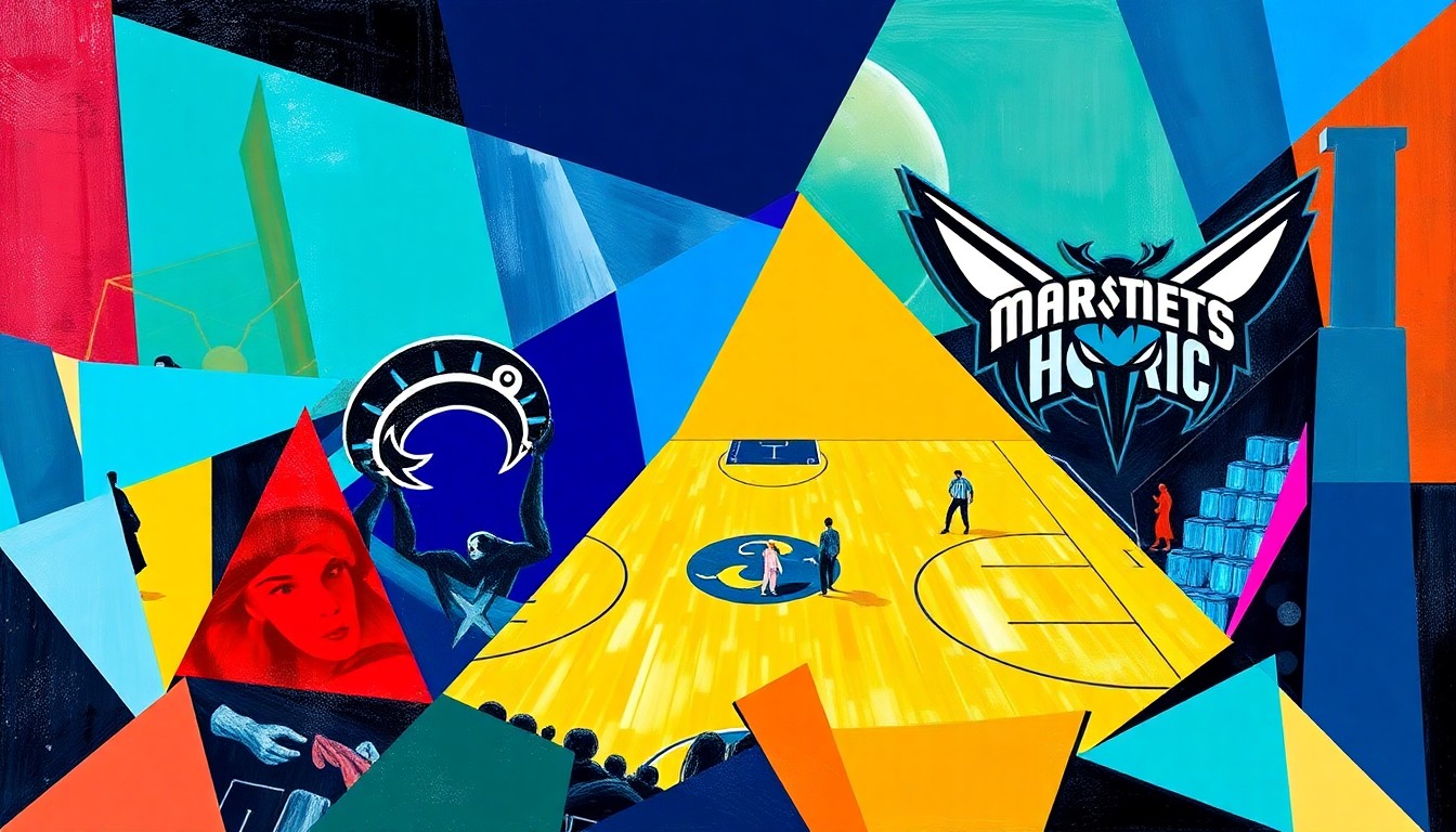 A cubist, geometric painting depicting a basketball game with overlapping planes of color representing the teams' uniforms and the dynamic action on the court.