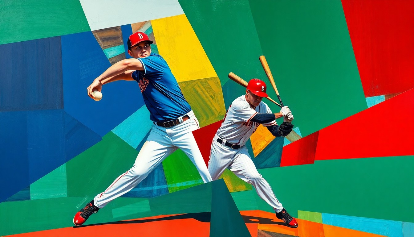A fragmented, abstract painting depicting a baseball pitcher's delivery and a batter's swing broken down into sharp, overlapping geometric shapes and planes in a vibrant color palette, conceptually representing the intensity and drama of a close major league baseball game.
