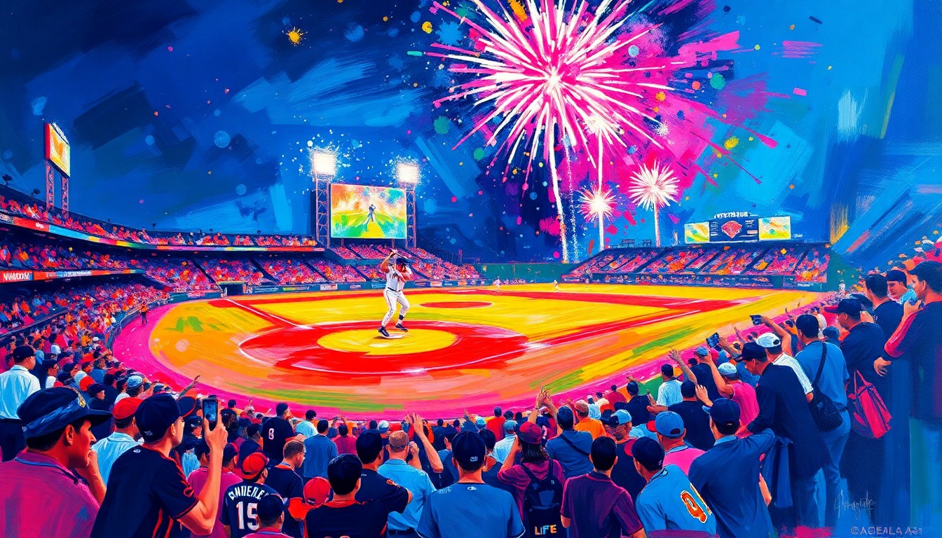 A vibrant, textured painting in neon colors depicting the explosive energy and excitement of a baseball game, with fireworks bursting in the background.