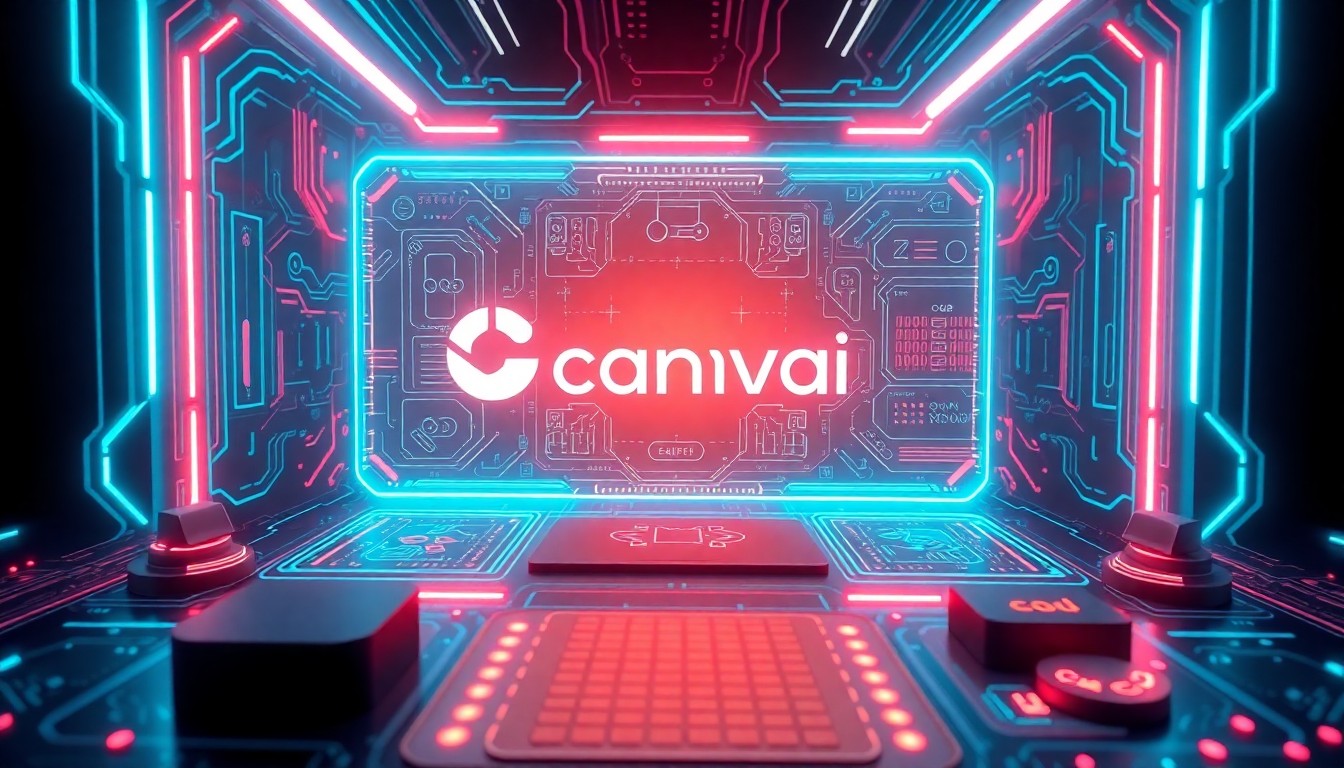 A highly detailed, glowing 3D illustration of a futuristic AI-powered design interface, with pulsing neon lights and intricate digital components, representing the integration of Canva and Anthropic's technologies.