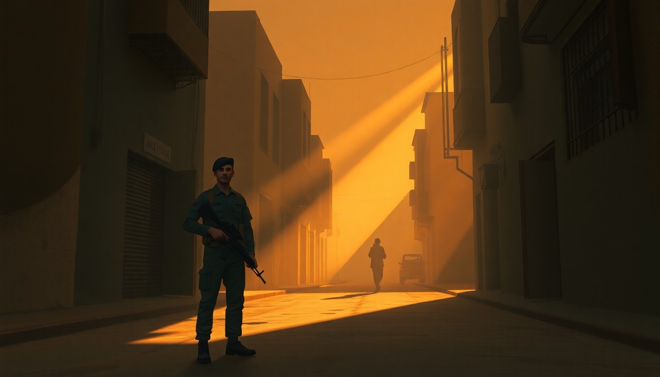 A serene, cinematic painting depicting a lone soldier standing guard on a quiet, sun-drenched street in Gaza, capturing the fragility and uncertainty of the region's path to reconstruction.