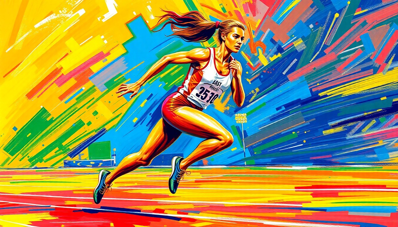 An abstract expressionist painting in vibrant neon colors, with rapid brushstrokes conveying the dynamic motion and raw power of a female track and field athlete sprinting down the track.