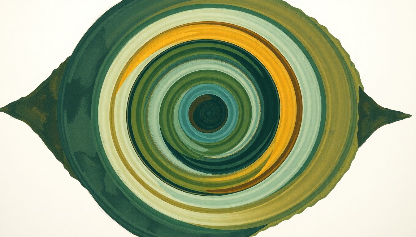 A highly structured abstract painting in soft, earthy tones depicting sweeping geometric arcs, concentric circles, and precise botanical spirals, conceptually representing the intricate scientific processes of carbon storage and cycling in the environment.