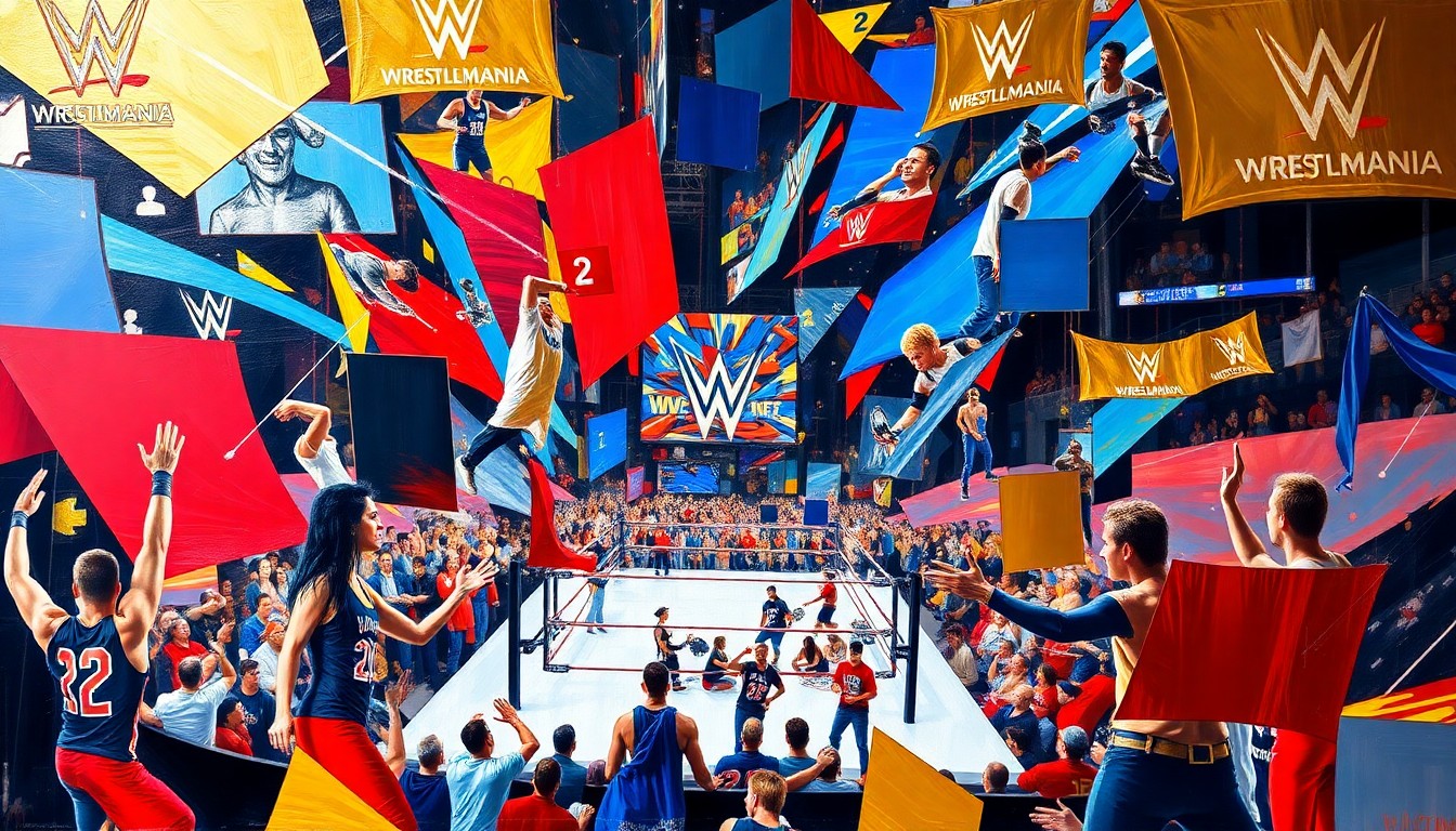 A fractured, cubist-inspired painting depicting the dynamic action and energy of a WWE WrestleMania event, with overlapping geometric shapes and planes in a vibrant color palette.