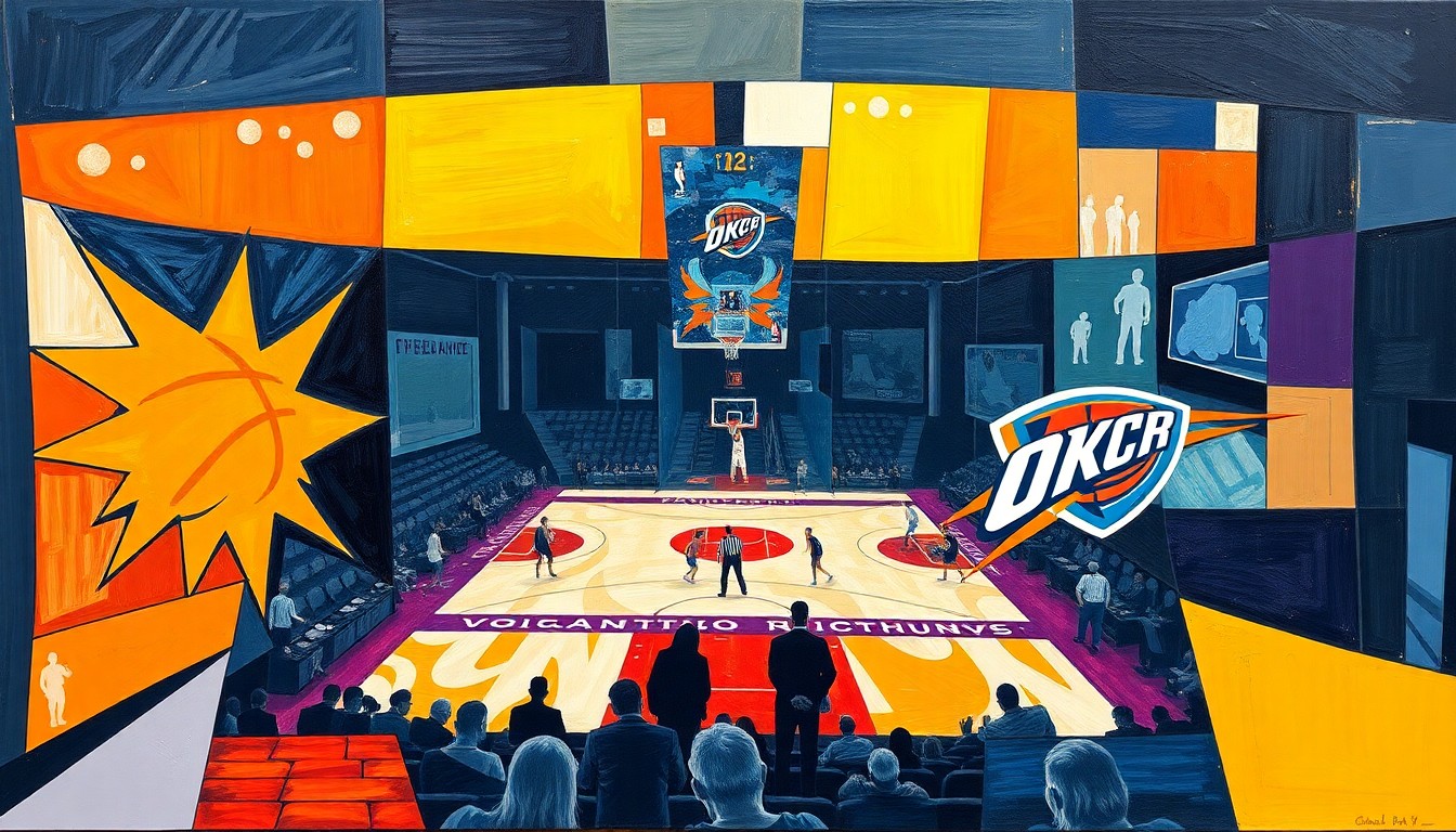 A cubist-style painting depicting a basketball game, with the players and court broken down into sharp, overlapping geometric shapes in a variety of vibrant colors.