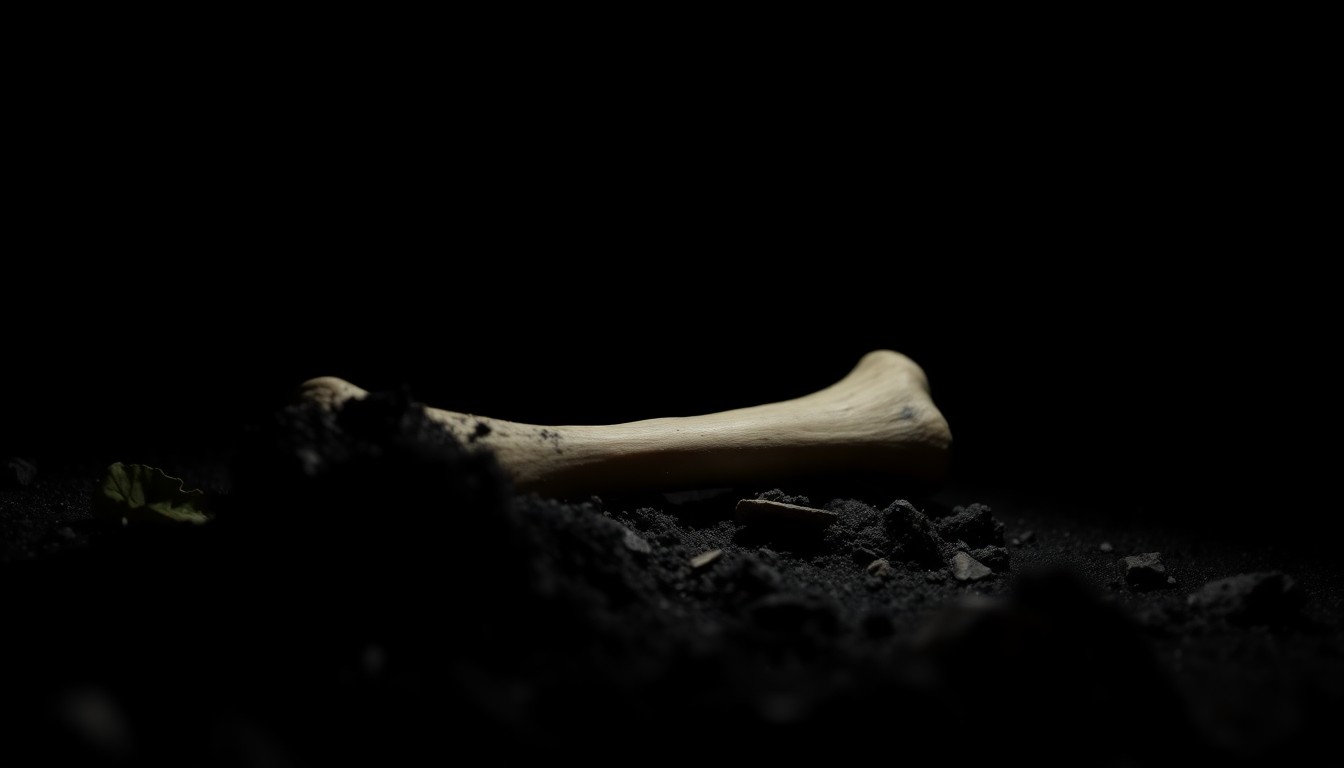 An extreme close-up photograph of a single human bone partially obscured by dirt and leaves, lit by a harsh, direct camera flash against a pitch-black background, conceptually illustrating the discovery of evidence in a missing persons case.