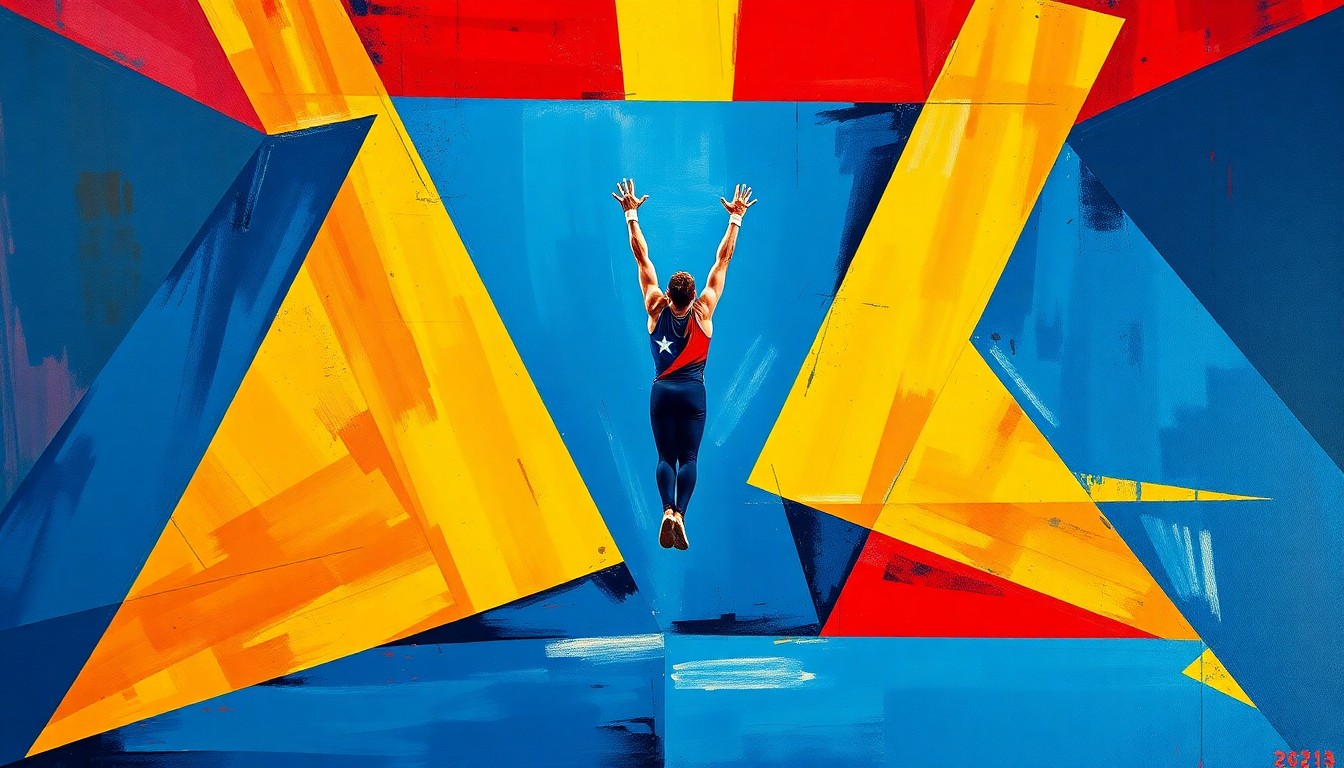 A fractured, multi-perspective painting in bold, geometric shapes and colors, depicting the dynamic movements and competitive energy of a men's gymnastics competition.
