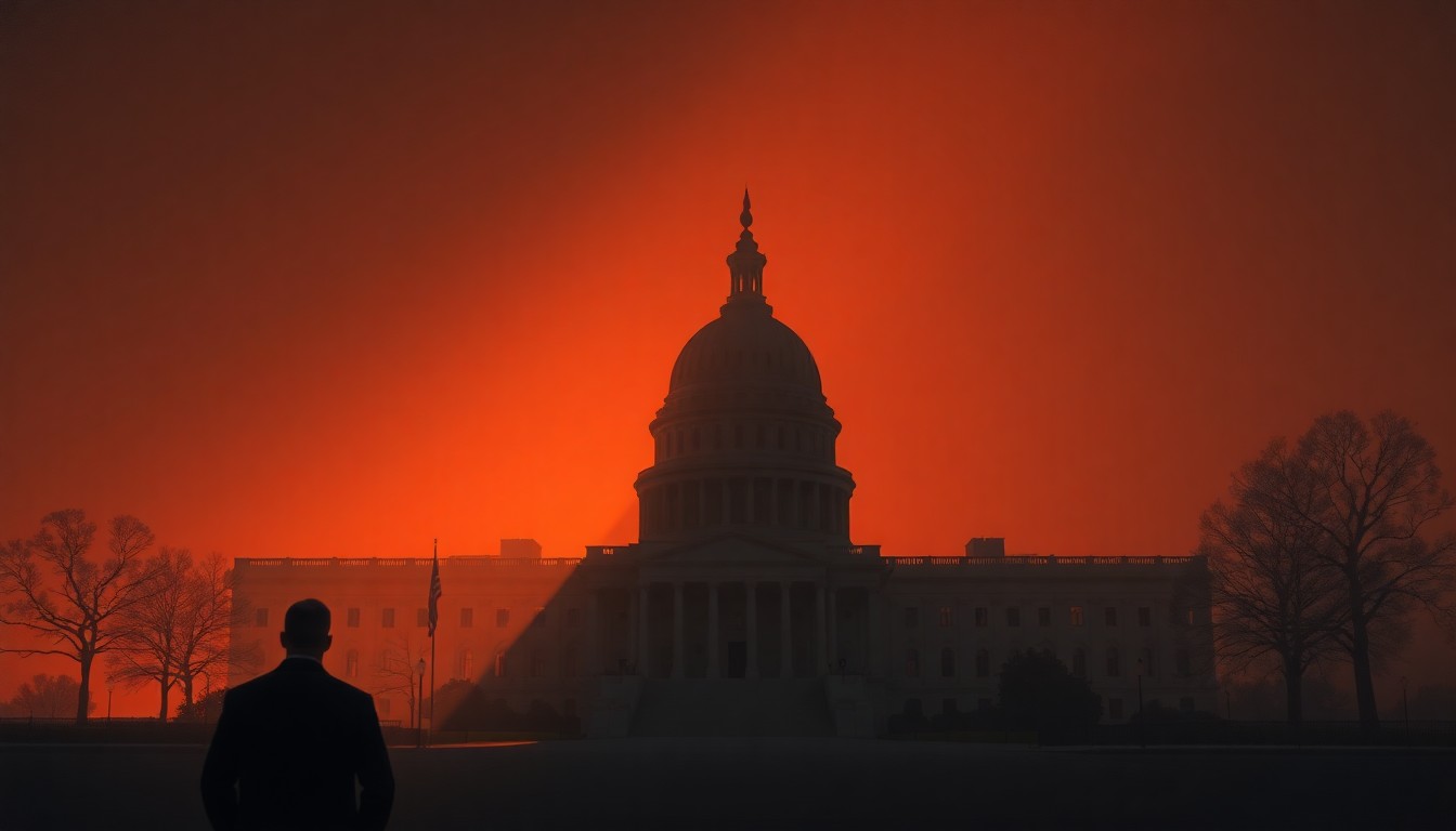 A serene, cinematic painting depicting a lone government building or political figure cast in warm, dramatic lighting, conveying a sense of nostalgia and the tensions underlying the cultural Marxism debate.