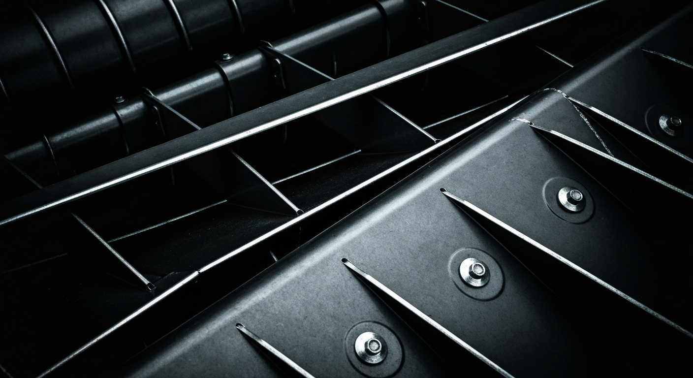 An extreme close-up of the intricate, pebbled metal surface of a combine's internal components, captured in dramatic, high-contrast lighting that emphasizes the raw materials and engineering of this essential farm machinery.