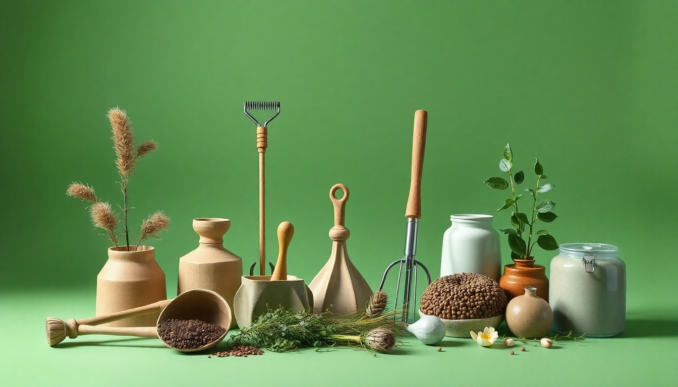 A high-end, photorealistic studio still-life featuring a collection of premium farming tools and equipment arranged elegantly on a clean, monochromatic background, conceptually representing sustainable agriculture and climate adaptation.