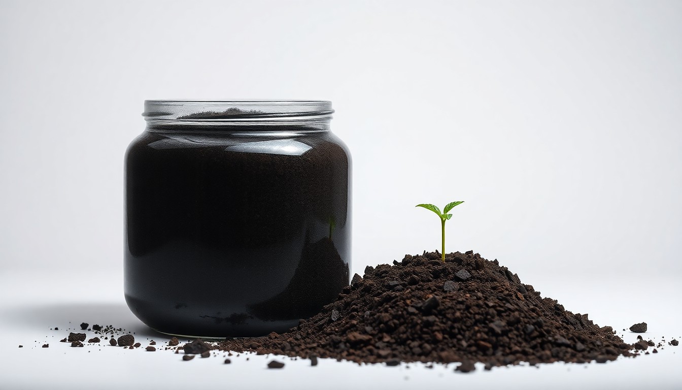 A photorealistic studio still life featuring a glass jar filled with dark, nutrient-rich compost and a small green plant seedling emerging, symbolizing the sustainable cycle of manure, soil, and crop growth.