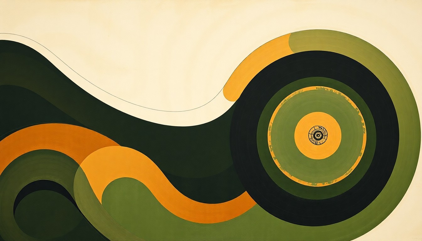 A highly structured abstract painting in earthy tones, featuring sweeping geometric arcs, concentric circles, and precise botanical spirals, conceptually representing the complex interplay of components in a no-till drill system for cover crop seeding.