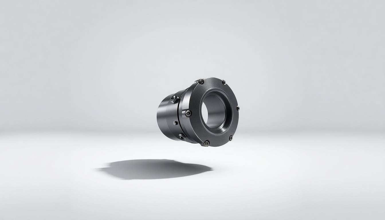 A highly detailed, photorealistic studio photograph of a sleek, geometric tractor part or precision planting component floating on a clean, monochromatic background, using dramatic lighting and shadows to convey the abstract concepts of technological innovation and sustainability in agriculture.