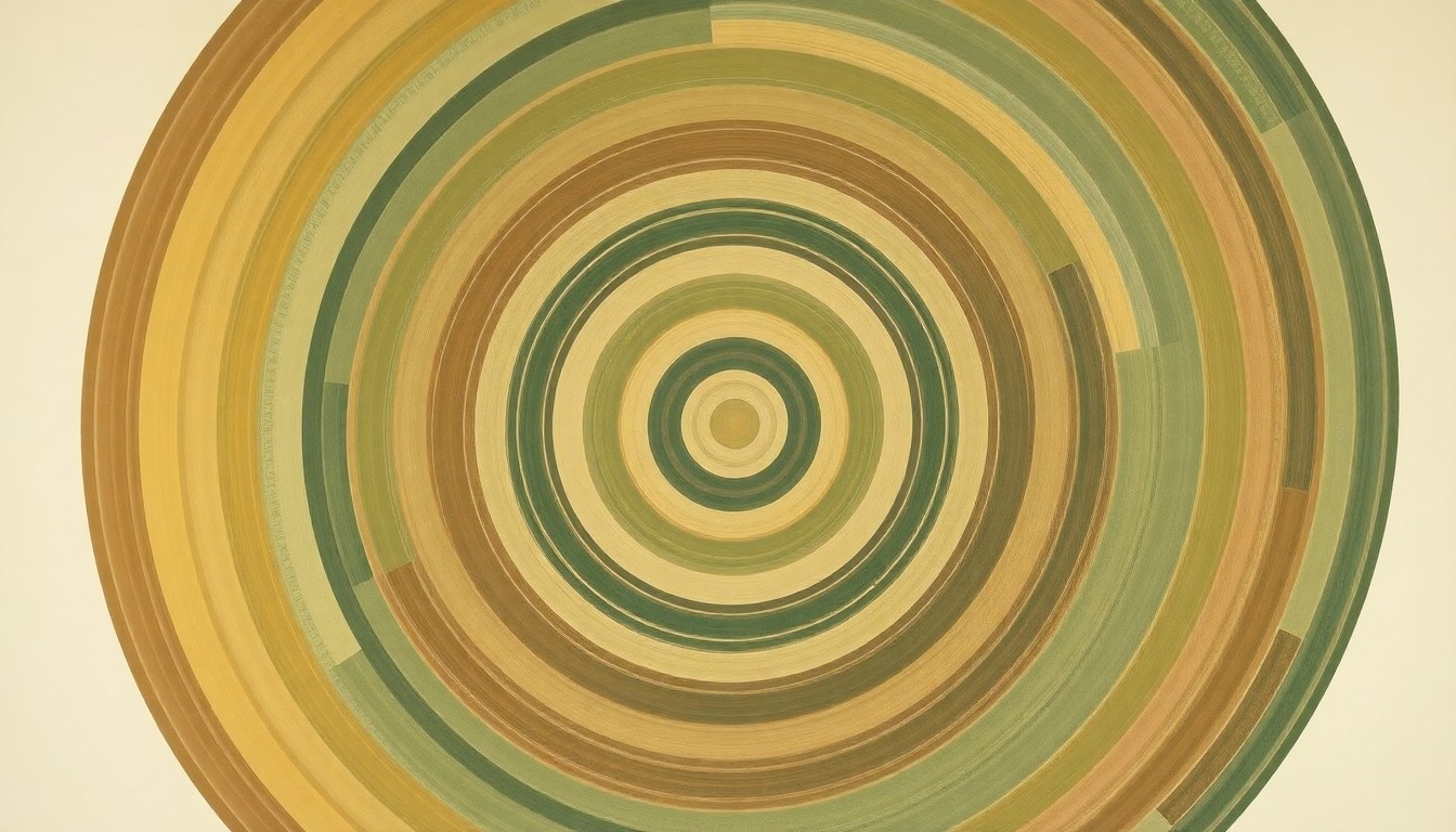 A highly textured, abstract painting in earthy greens and browns, featuring sweeping geometric shapes and precise botanical spirals, conceptually representing the complex scientific forces and natural processes involved in genetically modified soybeans and nitrogen management for no-till farming.