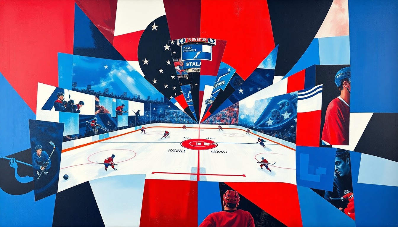A fragmented, geometric painting depicting a hockey game between the Montreal Canadiens and Tampa Bay Lightning, with sharp planes of color and overlapping perspectives capturing the intensity of the playoff matchup.