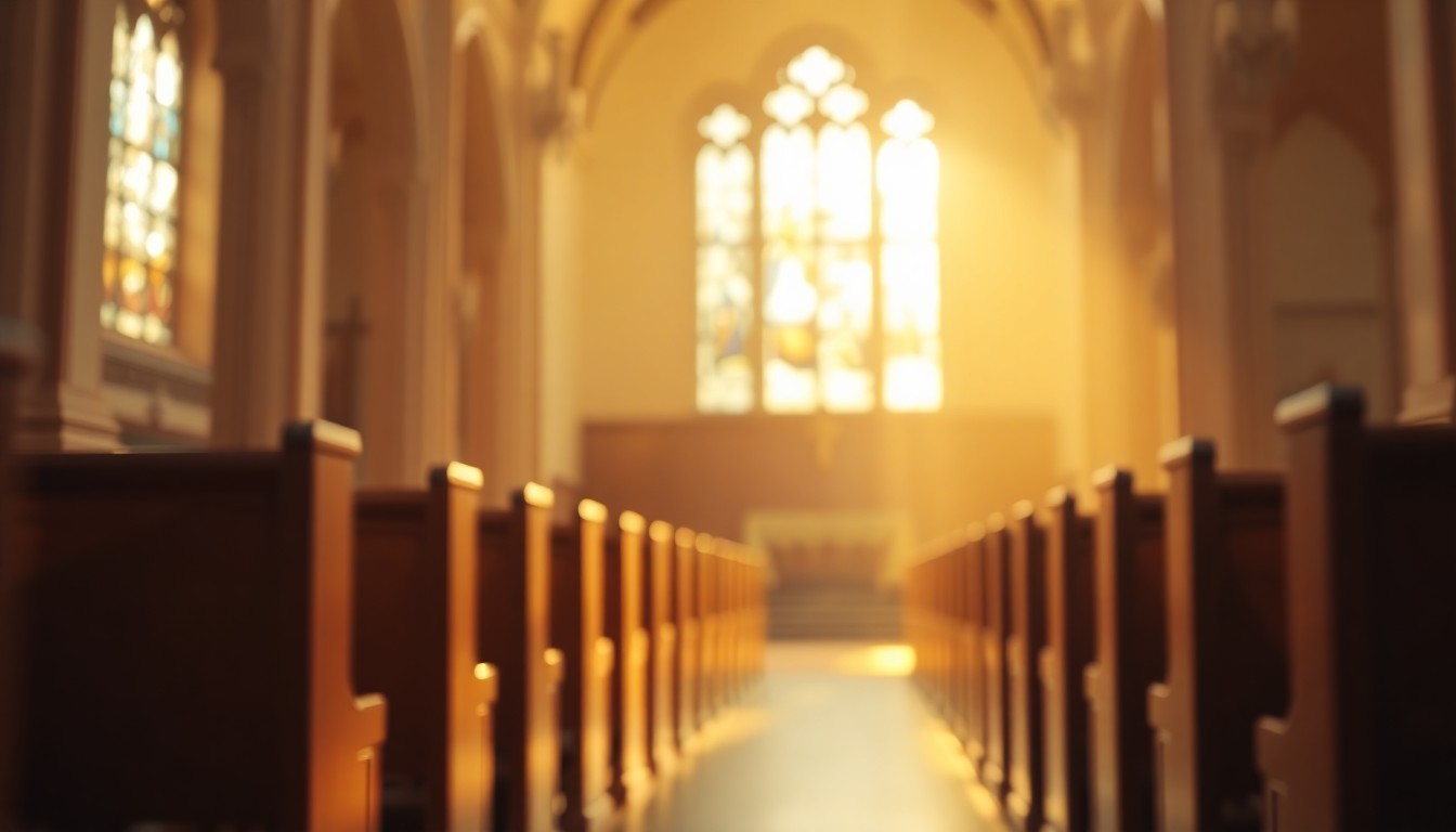 An abstract, impressionistic photograph of a church interior with soft, blurred lines and pools of warm, natural light, evoking a sense of reverence and reflection.
