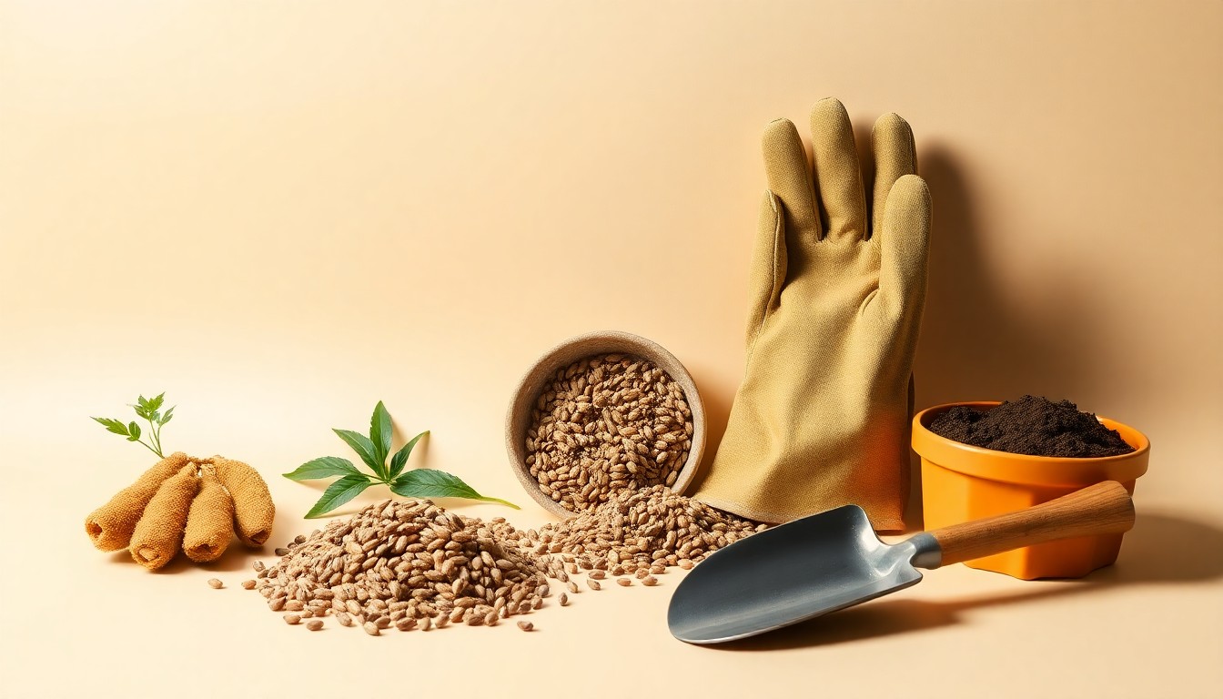 A photorealistic studio still life featuring a collection of organic farming tools and materials, including work gloves, cover crop seeds, and a small shovel, arranged elegantly on a clean, monochromatic background and dramatically lit to conceptually represent sustainable agriculture.