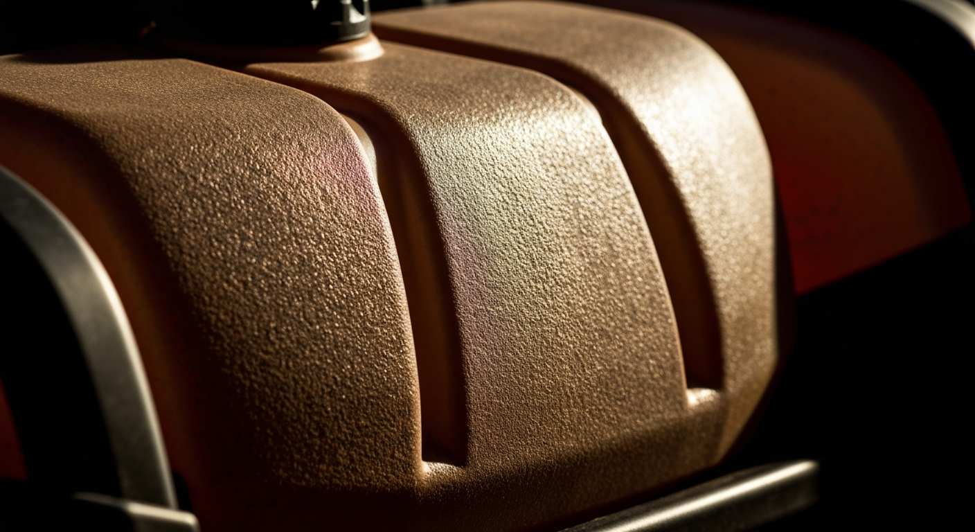 An extreme close-up of the raw, pebbled metal surface of an ATV sprayer's tank, captured in dramatic lighting that highlights the textural details and earthy color tones.