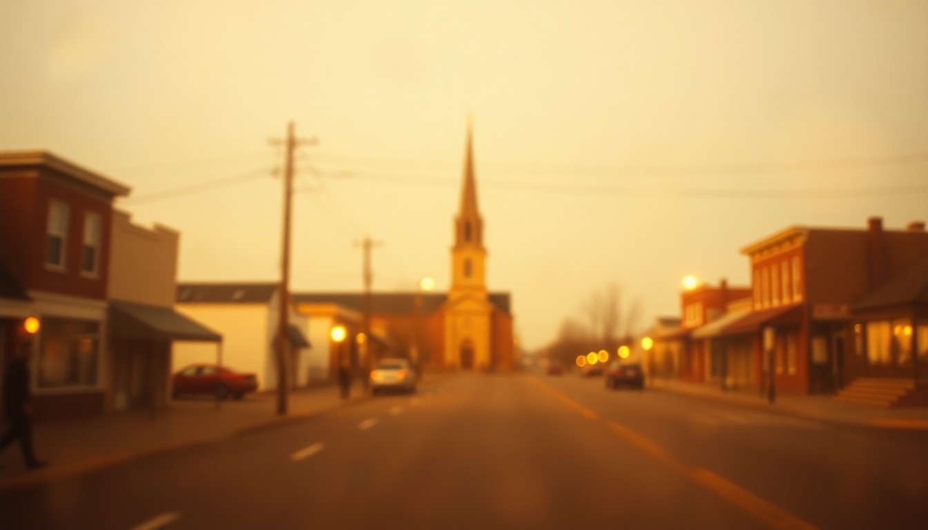 An extremely blurred, impressionistic photograph of a small-town main street with a church steeple in the distance, captured through a rain-streaked window, conveying a sense of nostalgia and the quiet, simple lifestyle of the community's longtime resident, Saul Ramirez.
