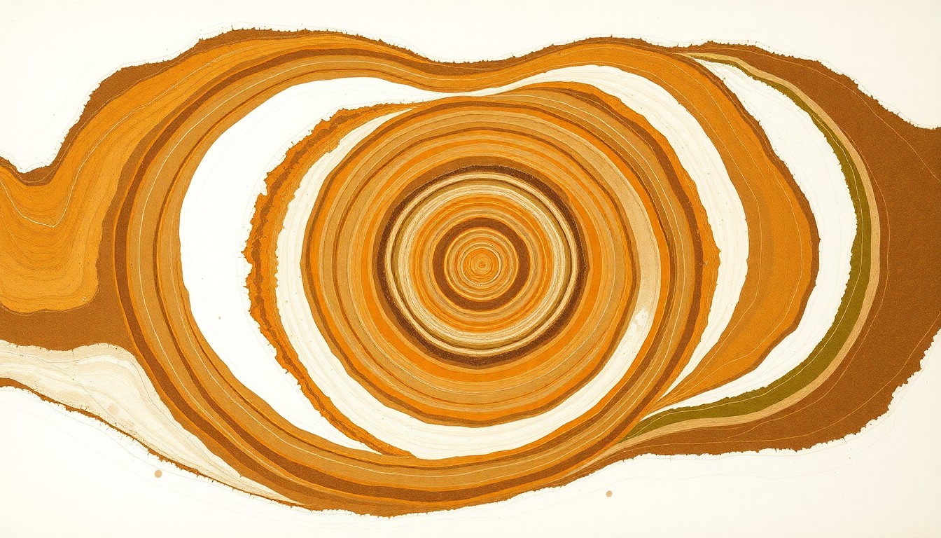 A highly textured, abstract painting featuring sweeping geometric shapes and botanical spirals in earthy tones, conceptually representing the complex soil composition and natural forces at play in Gettysburg's no-till farmland.