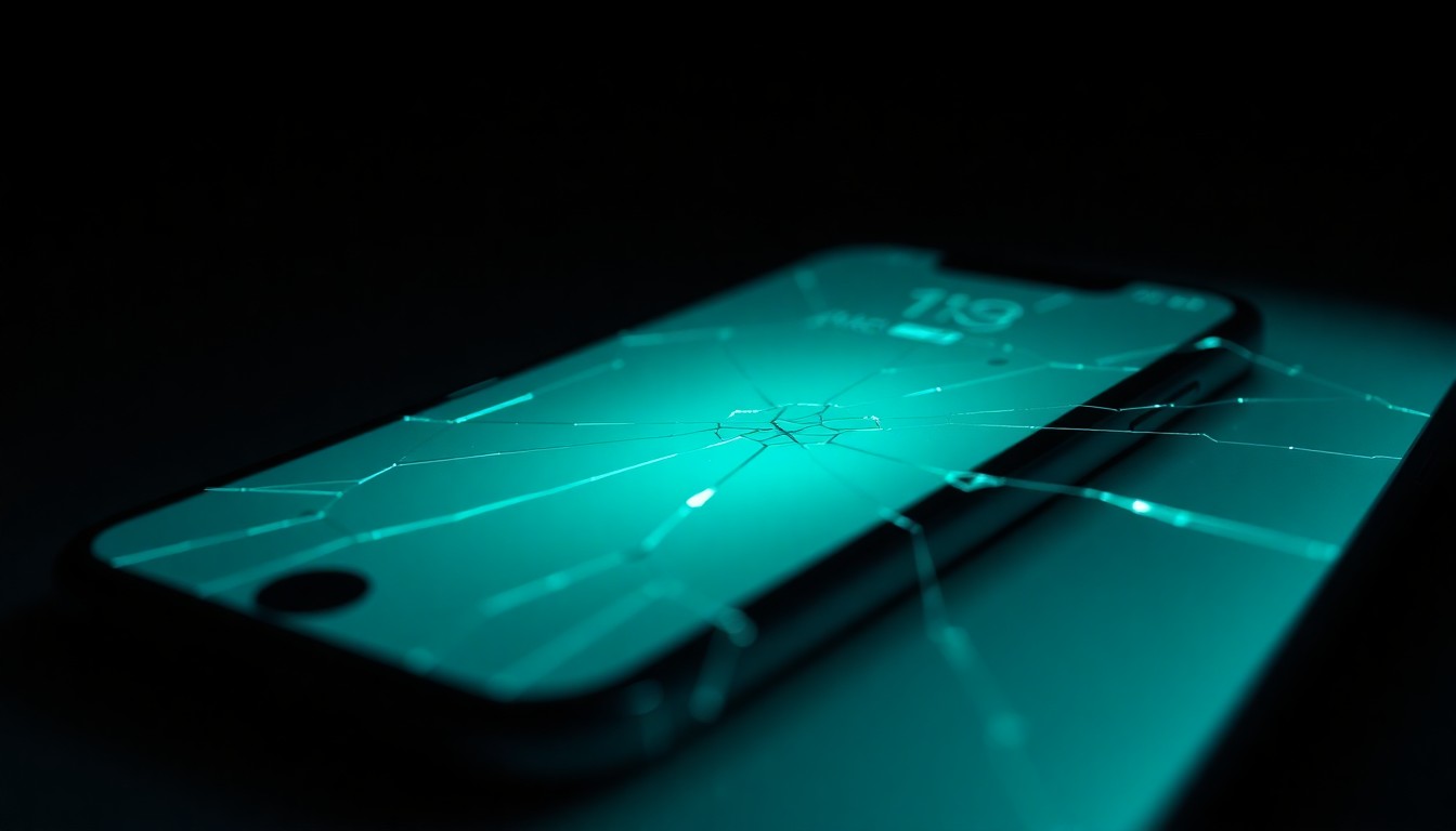 An extreme close-up of a cracked smartphone screen reflecting a faint green light, conveying the stark, unsettling aftermath of a social media fraud incident.
