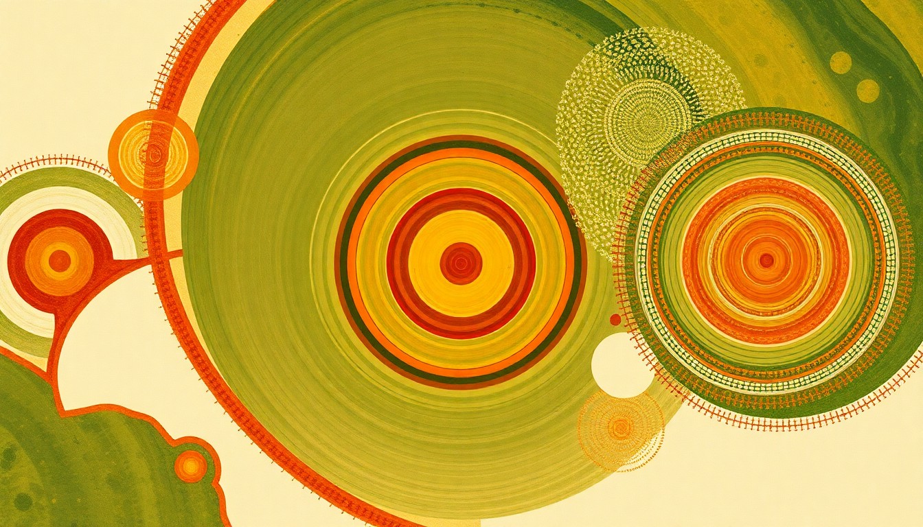 A bold, highly structured abstract painting in warm earth tones, featuring sweeping geometric arcs, concentric circular patterns, and precise botanical spirals, conceptually representing the complex spread and impact of the Asian soybean rust fungal disease.