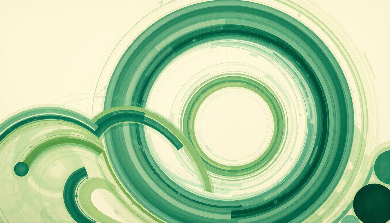 A highly textured, abstract painting in earthy greens, blues, and browns, featuring sweeping geometric shapes and precise botanical spirals that conceptually represent the complex natural and human forces driving phosphorus pollution in Lake Erie.