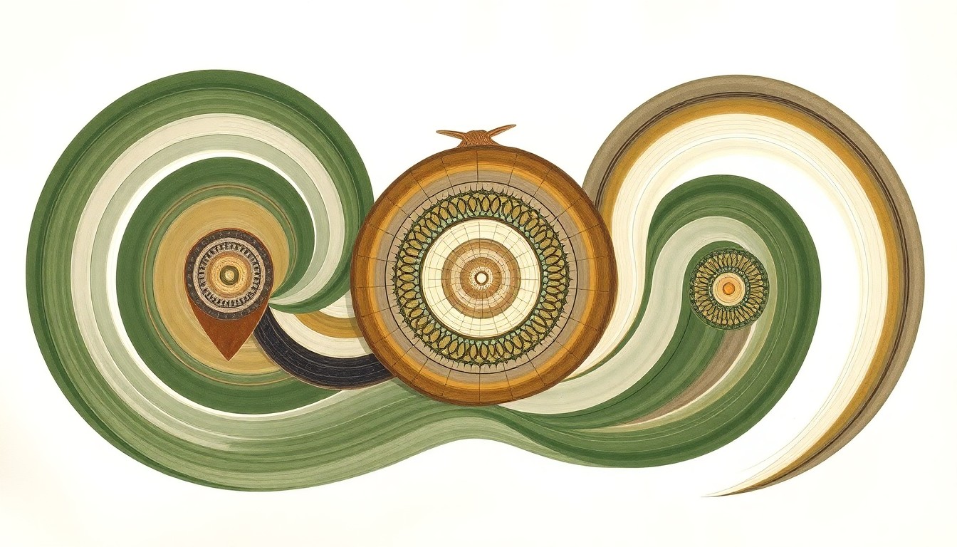 A bold, abstract painting in muted earth tones depicting the complex life cycle and feeding patterns of garden slugs through sweeping geometric forms, concentric circles, and precise botanical spirals, conveying the scientific complexity of these agricultural pests.