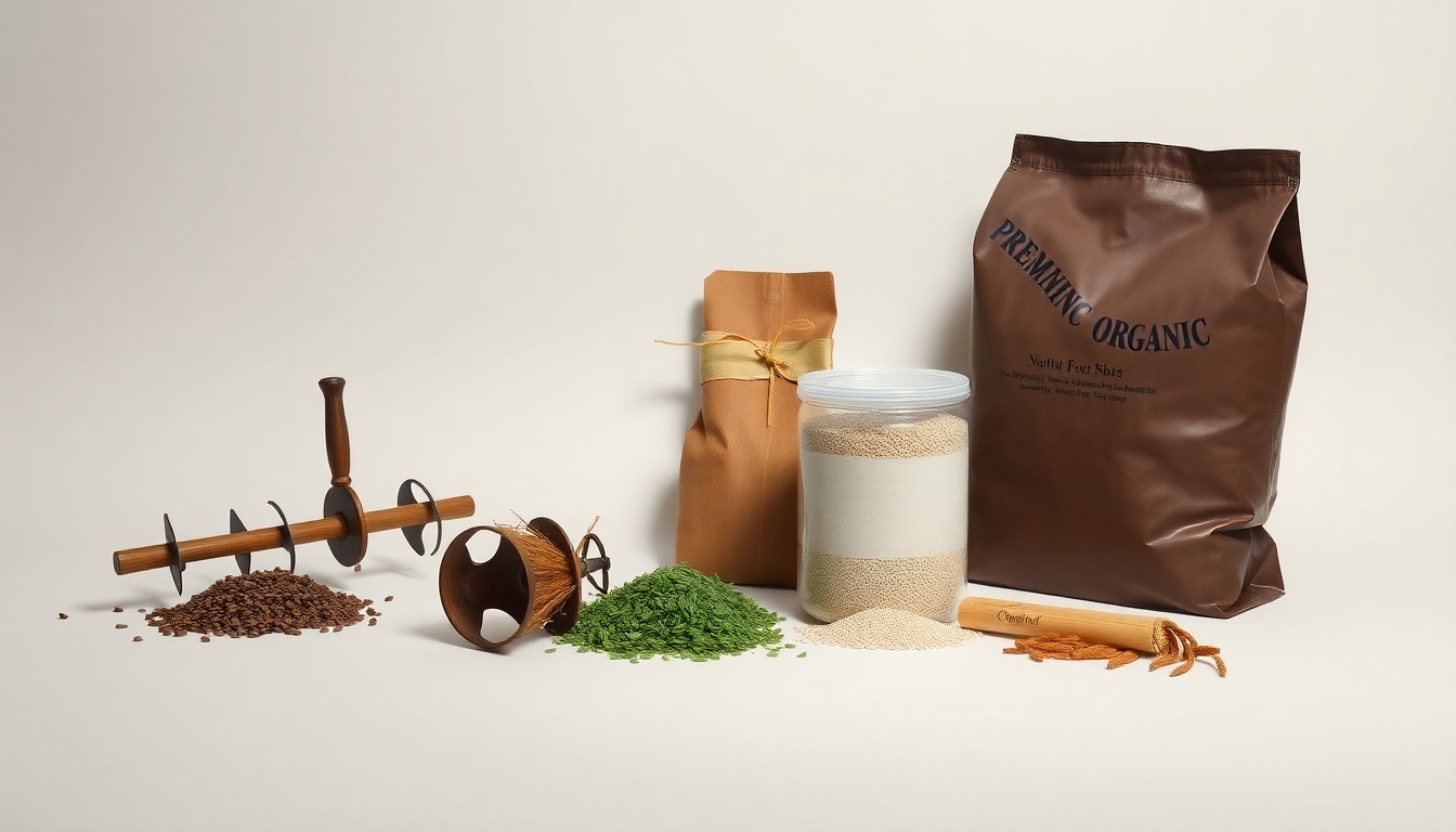 A high-end, photorealistic studio still-life photograph featuring a carefully arranged composition of premium organic farming tools and materials, such as a wooden seed drill, a bundle of cover crop seeds, and a jar of organic fertilizer, all set against a clean, monochromatic background with sharp, dramatic lighting creating deep shadows to symbolize the strategic considerations and challenges of transitioning to organic no-till farming.