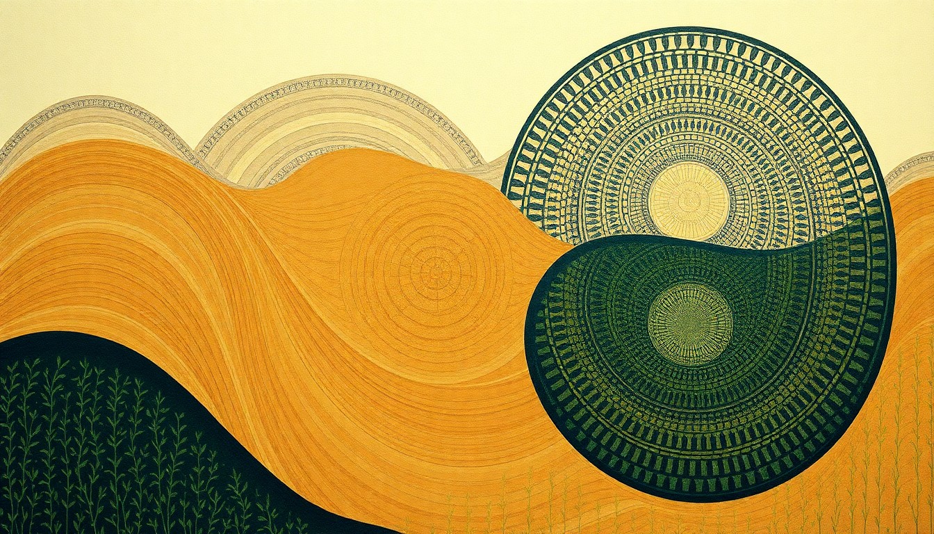 A bold, abstract painting in muted greens, browns, and blues, featuring sweeping geometric shapes and precise botanical spirals, conceptually representing the complex chemical and biological forces at play in a thriving no-till soybean field.