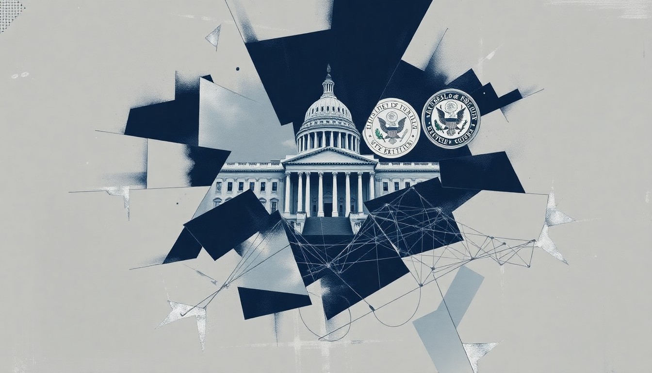 A fractured, abstract painting in shades of grey and navy blue depicting a distorted, overlapping image of government symbols, conveying a sense of chaos and lack of transparency surrounding a political scandal.