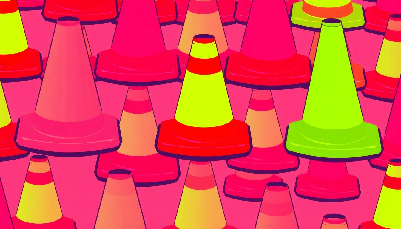 A bold, colorful silkscreen print featuring a repeated pattern of a bright orange road construction cone, conceptually representing the city's investment in road rehabilitation projects.