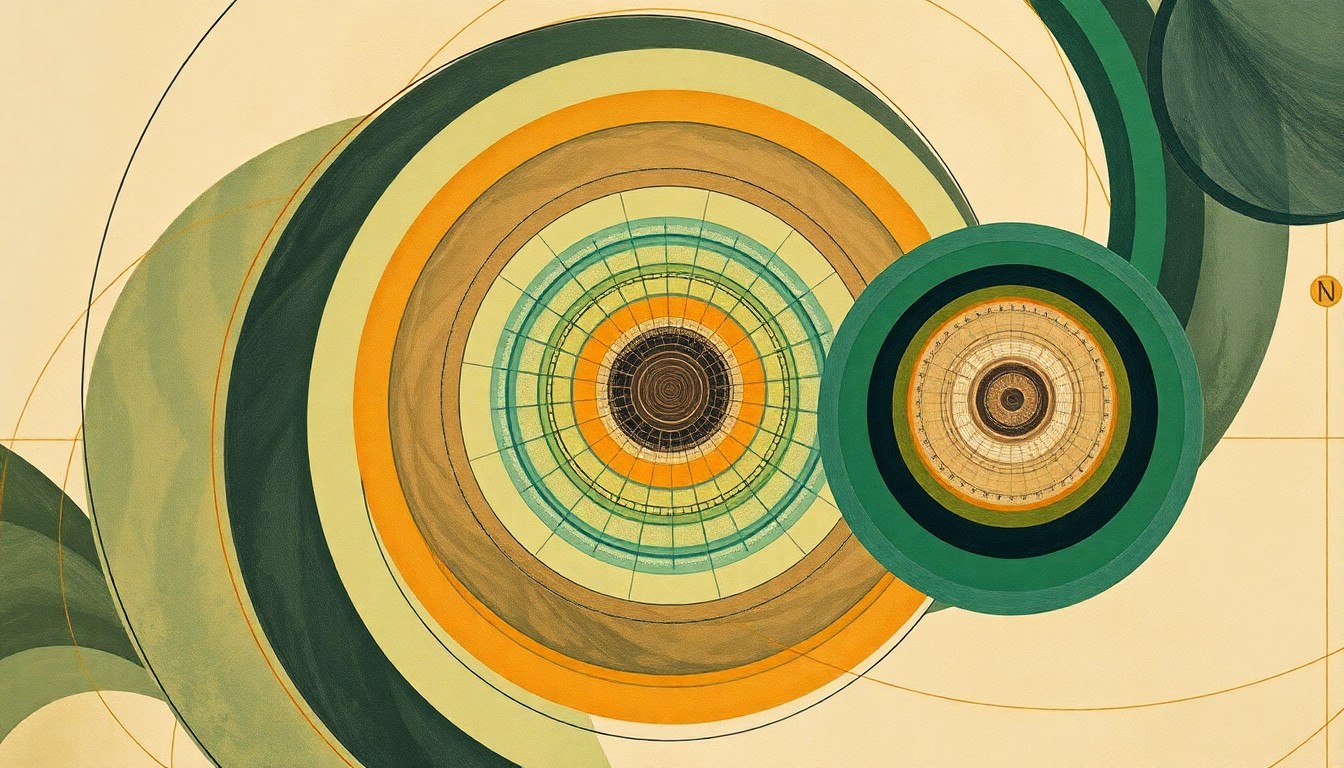 A highly structured abstract painting featuring sweeping geometric arcs, concentric circles, and precise botanical spirals in earthy green, ochre, and blue-grey tones, conceptually representing the intricate natural systems farmers must understand to maintain plant health in saturated soils.