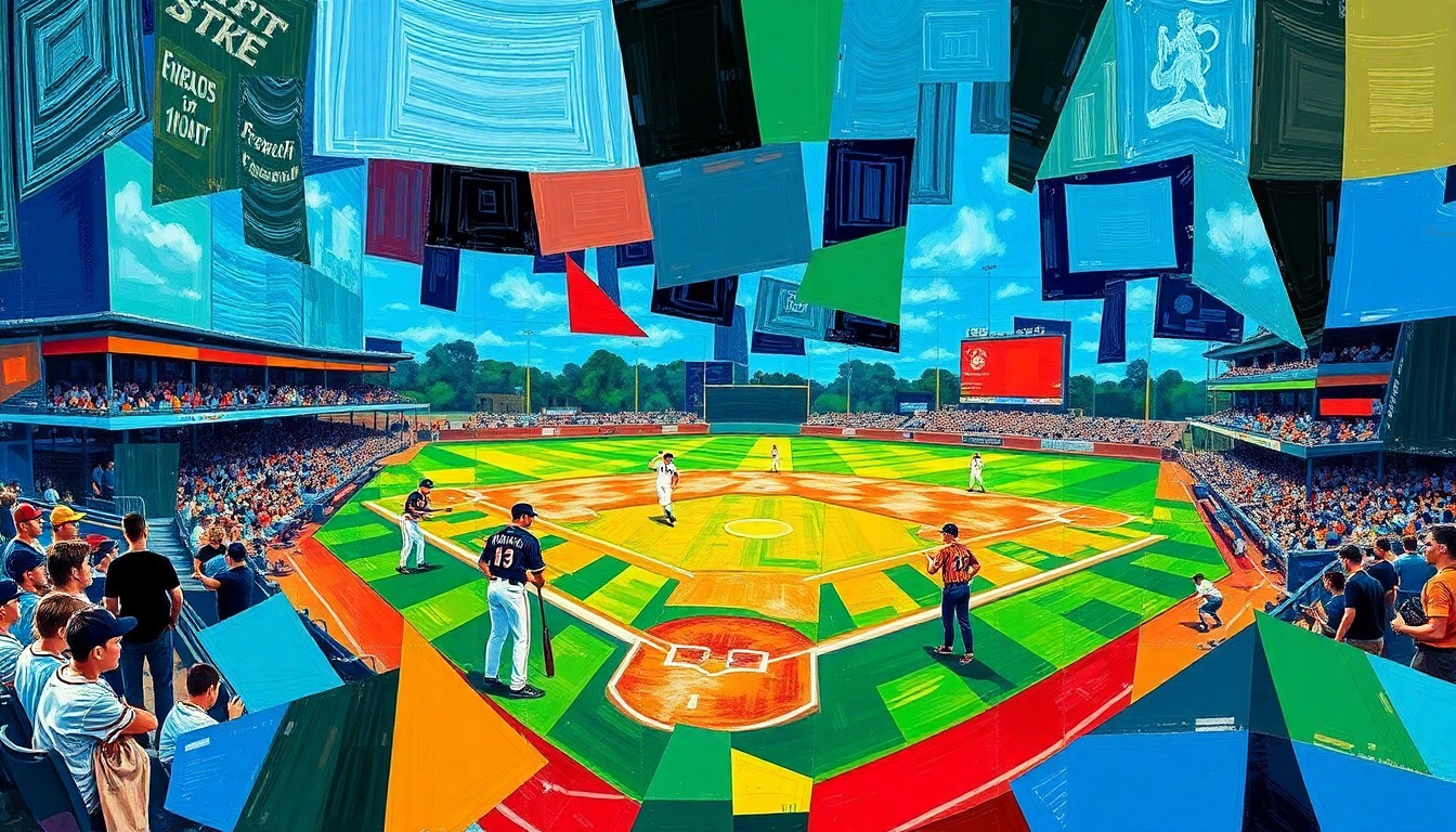 A fragmented, geometric painting depicting a high school baseball game, with sharp planes of color representing the players, field, and stadium. The style evokes the cubist art of Pablo Picasso.