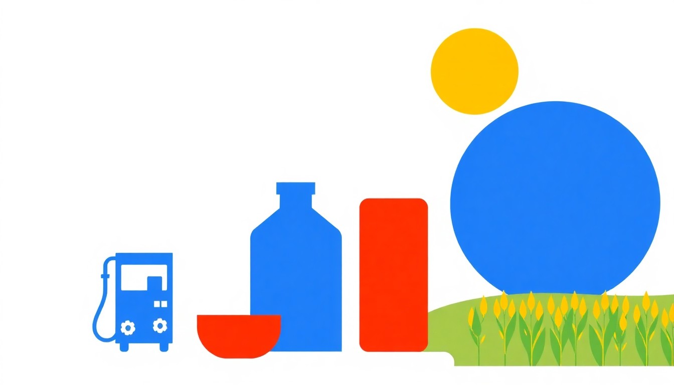 A geometric abstract illustration using simple shapes and primary colors to conceptually represent the rising costs of agricultural inputs like fuel, fertilizer, and chemicals.
