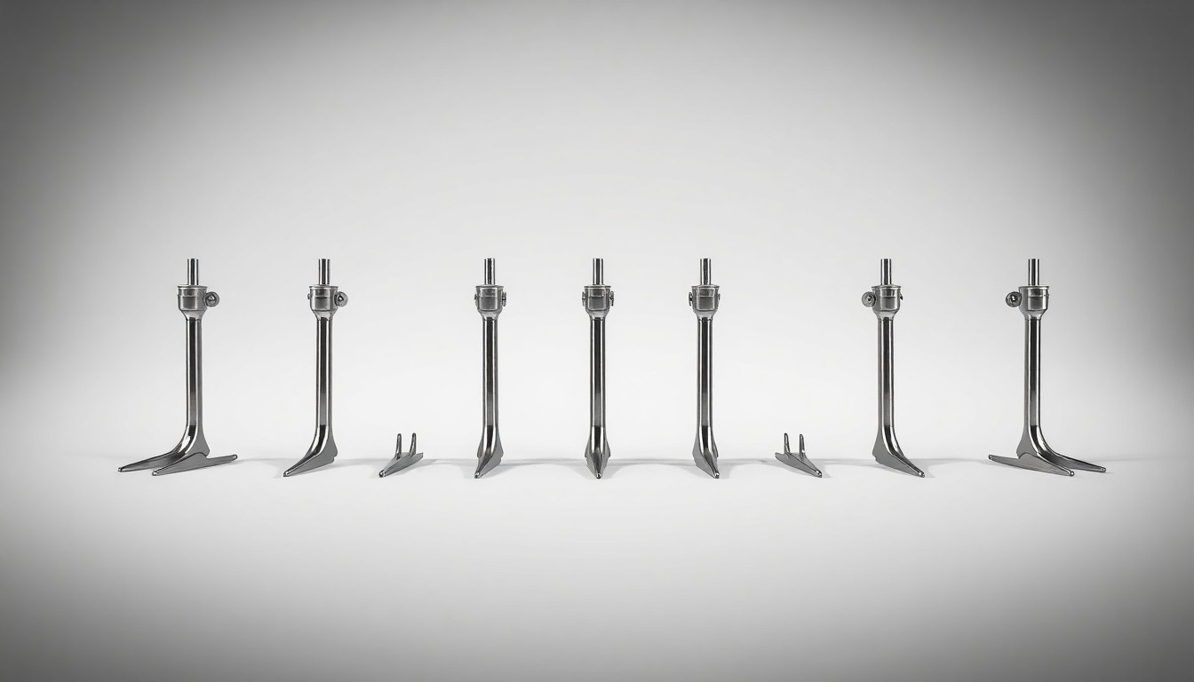 A row of shiny metal strip-till coulters and shanks arranged in a minimalist studio still life, representing the precision engineering and investment required for advanced no-till farming equipment.