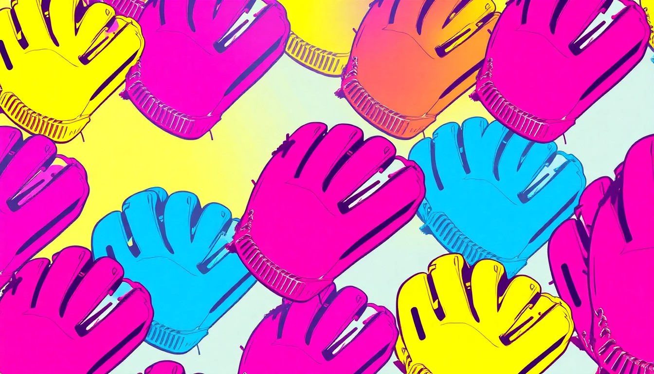 A bold, colorful silkscreen-style illustration featuring a baseball glove repeated in a grid pattern, conceptually representing the sports team's efforts to promote organ donation through their event.