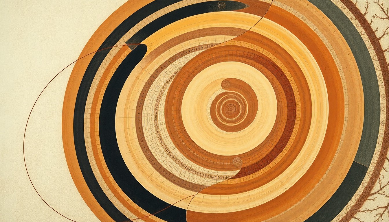 A highly structured abstract painting in soft, earthy tones featuring sweeping geometric arcs, concentric circular patterns, and precise botanical spirals, conceptually illustrating the complex interconnected soil ecosystems that support productive farmland.