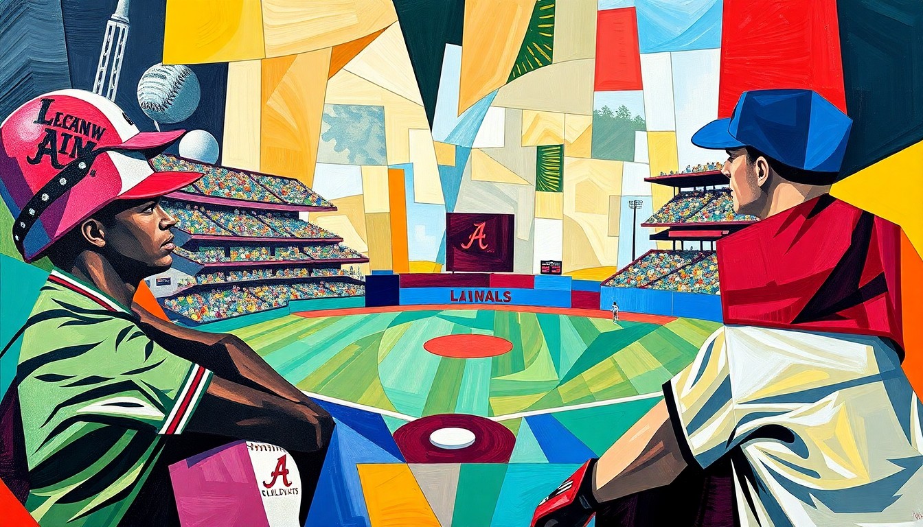 A cubist, geometric painting depicting the action and energy of a college baseball game, with fragmented and overlapping shapes in the team colors of Bethune-Cookman and Alabama A&M.