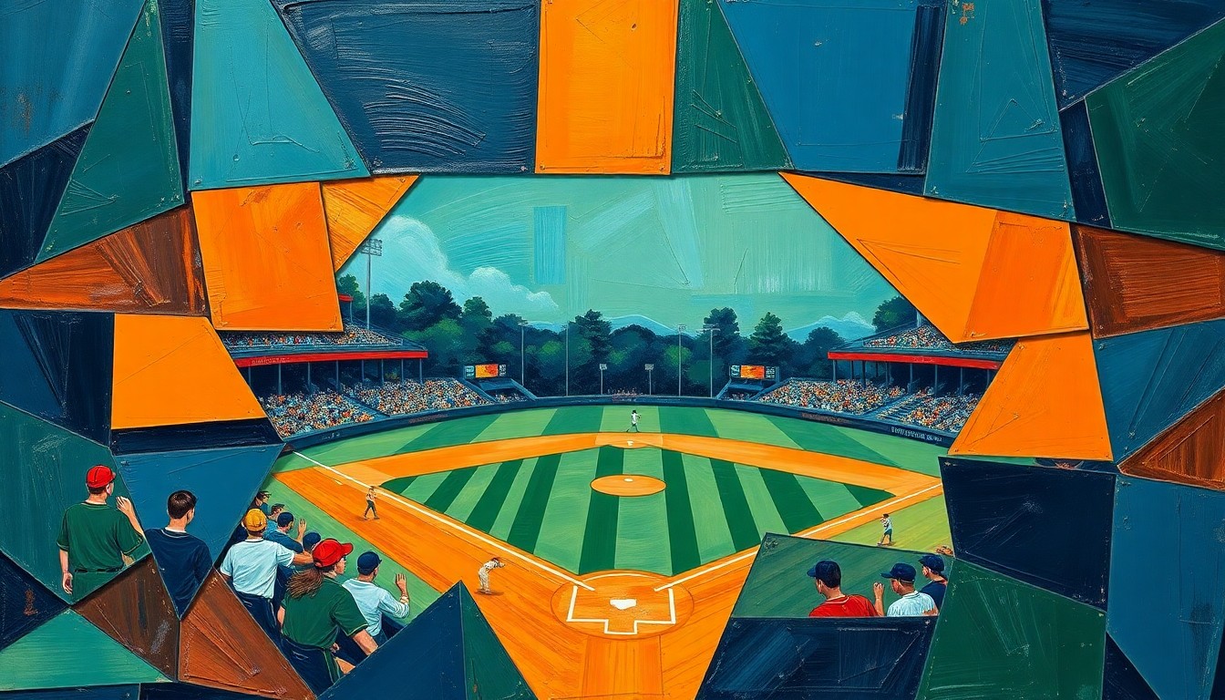 A cubist, geometric painting depicting a high school baseball game, with the players and field broken down into sharp, overlapping planes of color, capturing the dynamic energy and competitive spirit of the sport.