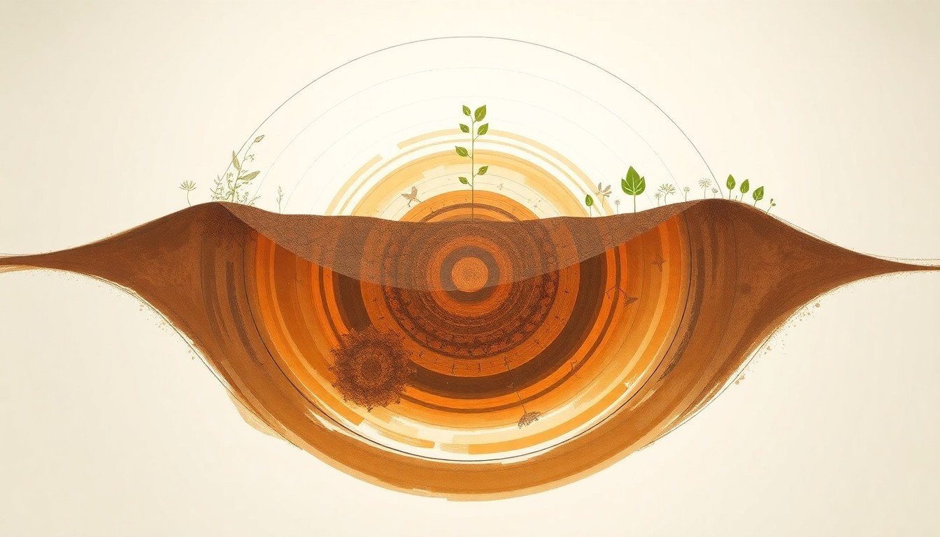 A highly textured abstract painting in earthy tones, featuring sweeping geometric shapes and botanical spirals that conceptually represent the complex scientific forces at work in healthy, aerated soil.