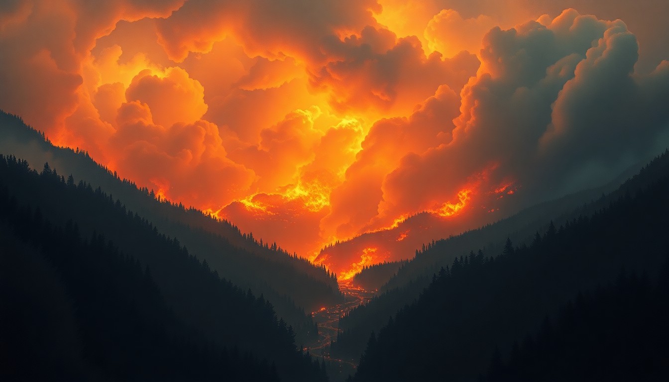 A sweeping landscape painting in muted earth tones, with a distant wildfire consuming a dense forest, the flames' glow casting an ominous light across the scene.